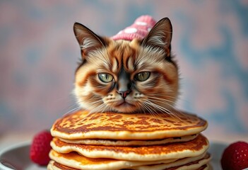 A grumpy cat wearing a tiny hat sits on a stack of pancakes, delicious, breakfast