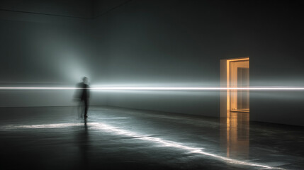 Hyperrealistic image of a blurred figure crossing a beam of light creating motion effect and dramatic atmosphere symbolizing speed, mystery, and cinematic storytelling