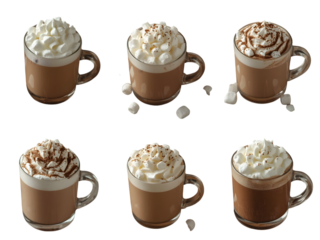 Indulgent Mug Moments: A delightful arrangement of coffee mugs showcases a tempting array of hot beverages, each crowned with a delicate touch of whipped cream and delightful toppings.