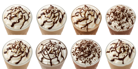 Artisan Coffee Delights: An array of meticulously crafted coffee beverages, each adorned with artistic swirls of chocolate and delicate toppings.