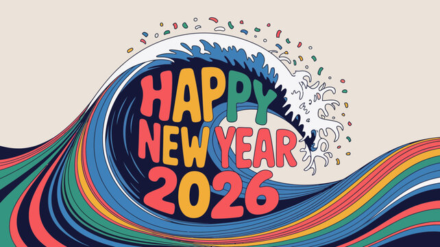 Happy new year 2026 greeting with colorful wave and confetti