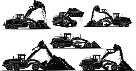 Construction wheel loader silhouette set, heavy machinery vector illustration, earth-moving equipment, industrial vehicle icons, black graphic elements, editable EPS