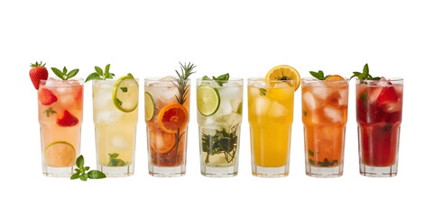 Rainbow of Refreshment: A vibrant array of refreshing fruit-infused beverages, each a unique burst of flavors and colors, perfect for a hot summer day.