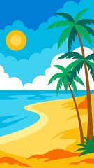 Fototapeta premium Cartoon beach scene with palm trees and bright sun