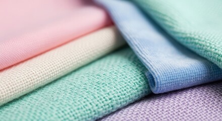 Soft pastel colored fabric swatches neatly folded isolated on white background