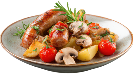 Appetizing dish made from sausages with potatoes and mushrooms plate isolated on a white background
