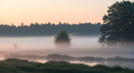 Serene morning landscape, mist hovering over meadow at daybreak light