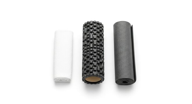 Foam roller and yoga mat for fitness and exercise equipment on white background studio shot top view