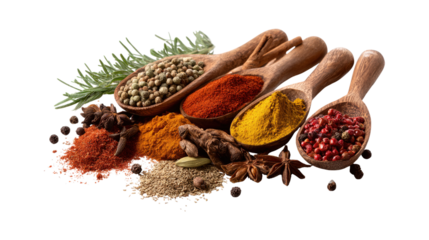 Aromatic spices and grains, a culinary delight isolated on a white background
