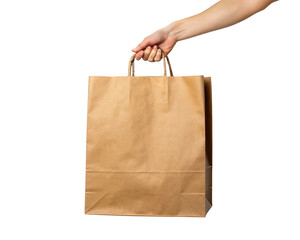Hand holding a brown paper shopping bag isolated on transparent background