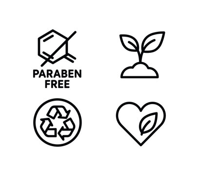 eco icon set with bold black outline style including paraben free isolated on white background simple shadows minimal details clean vector look
