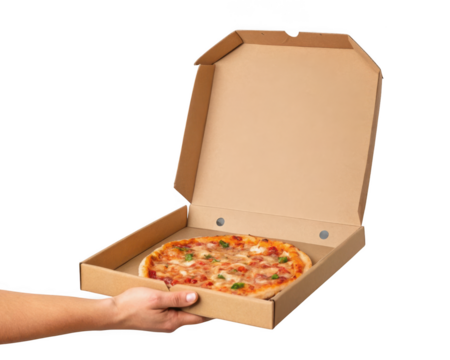 Hand holding open pizza box with delicious pizza isolated on transparent background