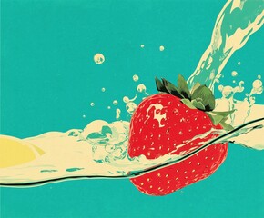 Juicy strawberry splashing into yellow liquid against turquoise background with flying droplets Concept for refreshing beverage advertising