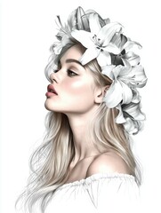 Beautiful young woman with light blonde hair wearing white off shoulder dress and large white floral crown on plain background Concept of purity and romantic elegance