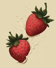 Two fresh strawberries splashing in creamy milk on beige background with dynamic drops Concept of dairy freshness and natural sweetness