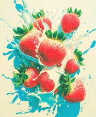 Group of red strawberries splashing in colorful milk with water drops and dynamic motion Concept of energy and freshness for beverage advertising