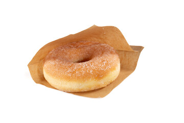 fresh donut sugar dusted for fast food in takeaway brown packaging paper tray on white background