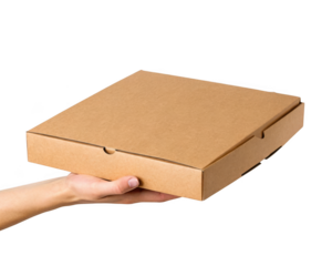 Hand holding closed pizza box isolated on transparent background for delivery service