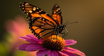 Fototapeta premium Monarch butterfly perched on a vibrant pink flower with blurred background detail