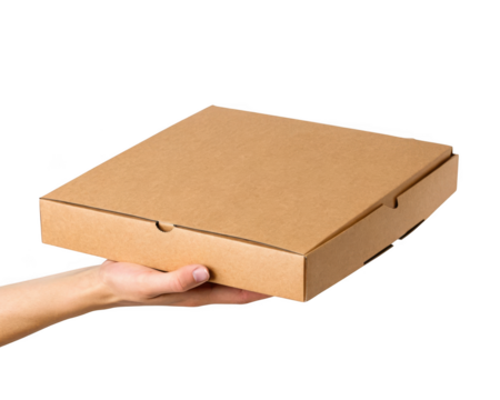 Hand holding closed pizza box isolated on transparent background for delivery service