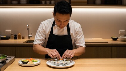 Professional Asian chef preparing fresh sushi rolls in a modern kitchen. Male cook carefully plating traditional Japanese maki with salmon and avocado