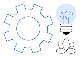 Gear symbolizing machinery, lightbulb with plant filaments for green ideas, and leaves. Ideal for sustainability, eco-tech, innovation, energy, environment industrial design collaboration. Simple