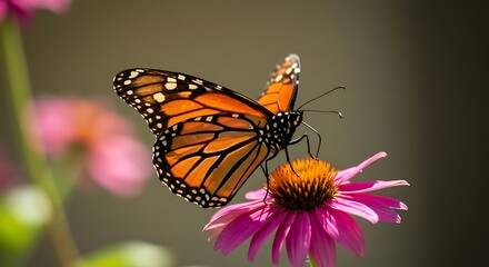 Fototapeta premium Monarch butterfly perched on a vibrant pink flower with selective focus