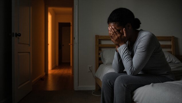 Depressed woman sitting on a bed in a dark room with her head in her hands. Person suffering from anxiety, stress, and insomnia. Mental health and loneliness concept