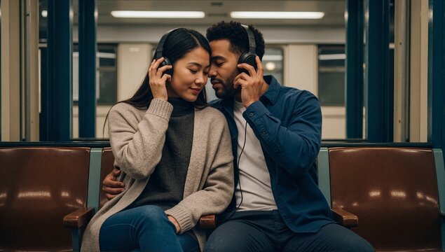 Affectionate diverse couple listening to music on headphones while traveling by train. Romantic man and woman sharing an intimate moment on public transport. Valentine's Day concept