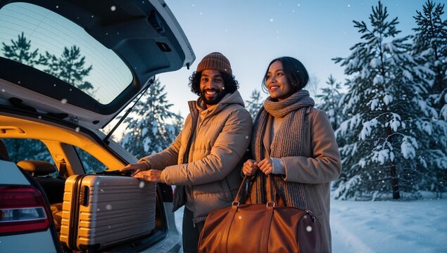 Smiling couple on a winter vacation loading a suitcase into their car trunk. Romantic getaway in a snowy landscape - Powered by Adobe