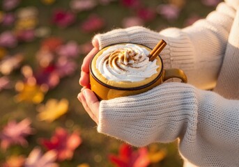 Person in a cozy sweater holding a mug of pumpkin spice latte. Warm autumn coffee drink with cinnamon and whipped cream. Fall season background with colorful leaves
