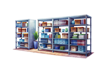 Watercolor illustration of metal shelves stocked with boxes, books, and decorative items