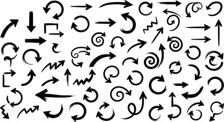 Diverse collection of hand-drawn arrow icons and symbols for design and navigation applications