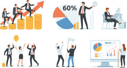 Business people teamwork, data analysis, and financial growth concept illustration showing success, charts, office collaboration, and professional goal achievement.