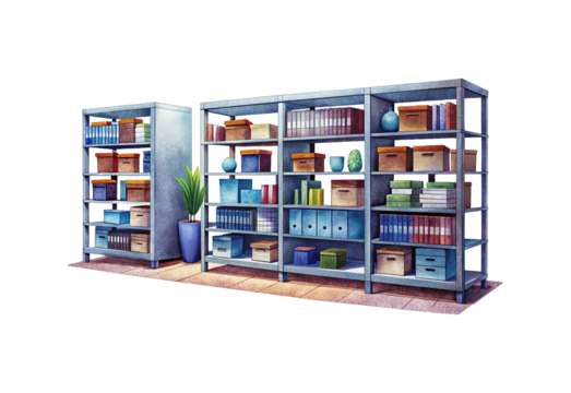 Watercolor illustration of metal shelves stocked with boxes, books, and decorative items
