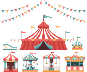 Colorful circus and carnival tents with flags, carousels, and decorations representing amusement park fun, entertainment, and festive celebration design.