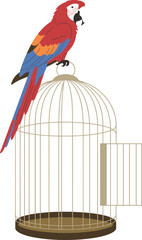 Colorful parrot perched on an open birdcage symbolizing freedom, nature, wildlife, tropical beauty, exotic birds, and natural inspiration.