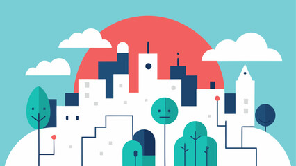 Obraz premium Stylized cityscape with trees and a setting sun