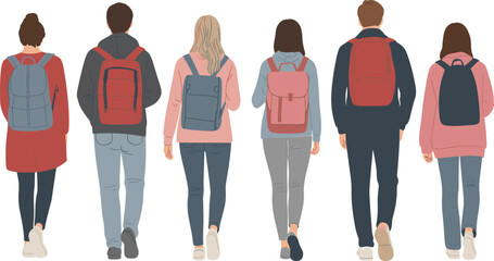 Group of young people walking with backpacks, students or travelers in casual clothes, education lifestyle and modern youth concept illustration.