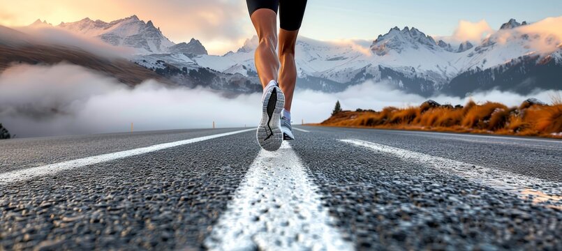 Jogger running on empty road at dawn with soft sunlight and misty background motivational fitness - Powered by Adobe