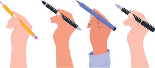 Human hands holding pencil and pens vector illustration showing different writing tools, drawing positions, and creative education concept design.