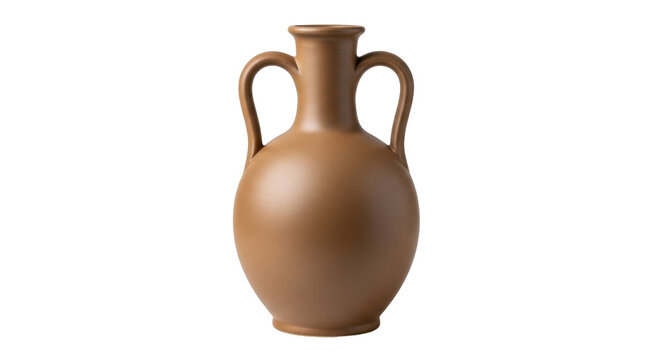Isolated brown ceramic amphora vase with two handles, vintage pottery vessel for interior decor