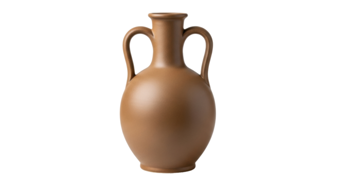 Isolated brown ceramic amphora vase with two handles, vintage pottery vessel for interior decor