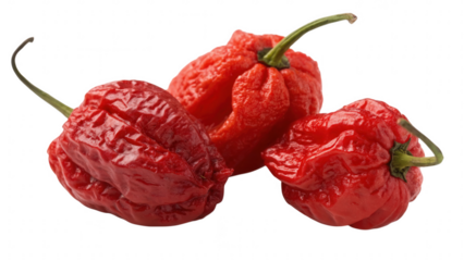 Three ripe red carolina reaper chili peppers isolated on transparent background