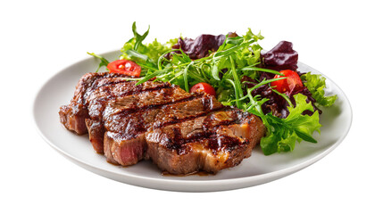 BBQ Grilled Wagyu New York beef meat steak or Striploin steak in a plate with salad isolated on a white background