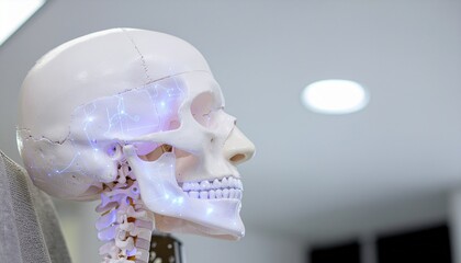 Cybernetic human head with digital grid overlay