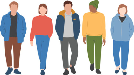Group of diverse casual people walking together in modern clothing representing lifestyle, fashion, friendship, community, and urban daily life.