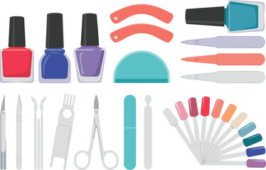 Professional manicure and pedicure tools vector illustration with nail polish bottles, nail files, cutters, buffers, and beauty salon accessories.