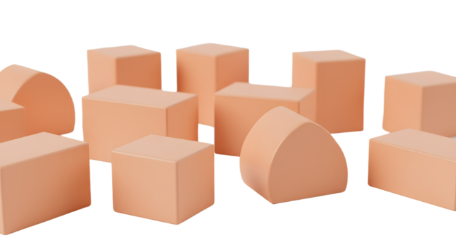 BABY TOYS - 3D rendering of assorted peach colored geometric shapes including cubes, semi-cylinders, and arches on white background, perfect for design and architecture projects