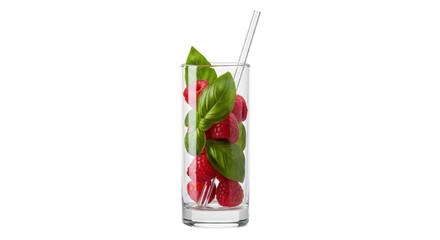 Isolated Raspberry and Basil Infusion Drink in Tall Glass with Straw Healthy Recipe Idea